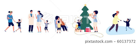 Single mom. Mother with son vector illustration. Family activity concept. Mom and kid skate, decorate the Christmas tree, walk Single mom. Mother with son vector illustration. Family activity concept. Mom and kid skate, decorate the Christmas tree, walk 60137372