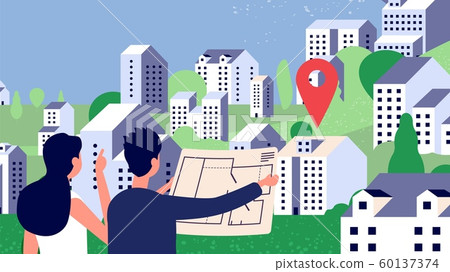 Property selection. Couple watching house plan. Vector characters, country landscape with houses mountains Property selection. Couple watching house plan. Vector characters, country landscape with houses mountains 60137374