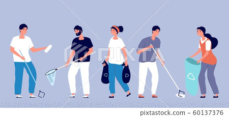 People collecting garbage. Volunteers cleaning environment nature. Ecology and clean planet vector People collecting garbage. Volunteers cleaning environment nature. Ecology and clean planet vector 60137376