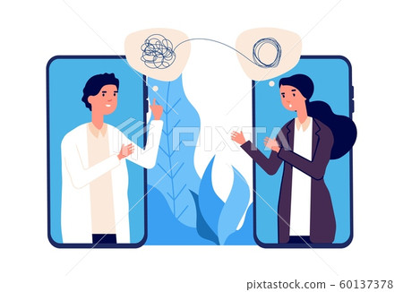 Online psychotherapy concept. Psychologist doctor helps patient to unravel tangled thoughts. Psychological problems, mental disorder. Online help vector illustration Online psychotherapy concept. Psychologist doctor helps patient to unravel tangled thoughts. Psychological problems, mental disorder. Online help vector illustration 60137378