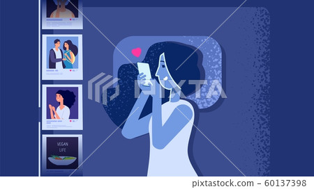 Gadget addiction problem. Flat girl in bed smartphone. Woman is looking social media photos at night instead of sleep vector illustration. Social media addiction, modern insomnia 60137398