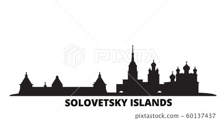 Russia, Solovetsky Islands city skyline isolated vector illustration. Russia, Solovetsky Islands travel black cityscape 60137437