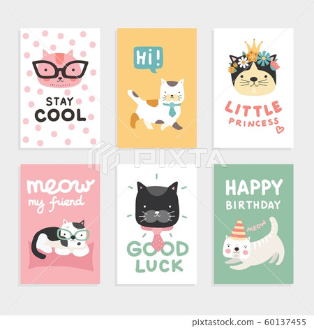 Cats cards. Cute kittens, cool and smart funny pets. Little princess vector birthday invitation Cats cards. Cute kittens, cool and smart funny pets. Little princess vector birthday invitation 60137455