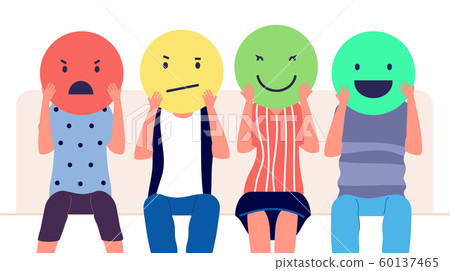 Customer feedback. People holding emoticons with different emotion. Clients review, social media comment marketing vector concept Customer feedback. People holding emoticons with different emotion. Clients review, social media comment marketing vector concept 60137465