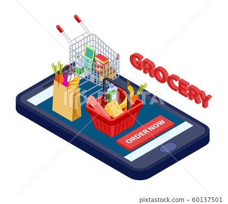 Online grocery concept. Vector mobile app for grocery store with food, vegetables, fruits 60137501
