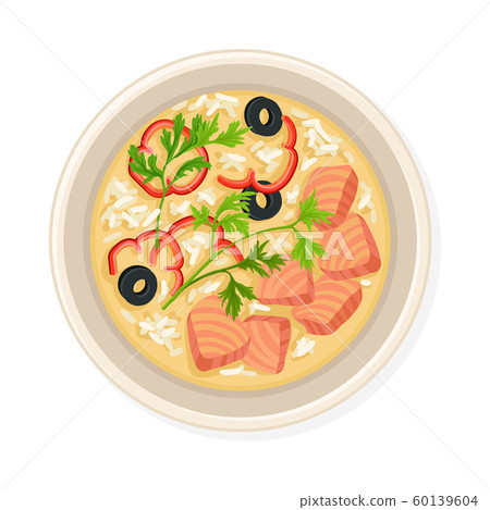 Soup With Salmon Slices and Vegetables Served on Plate 60139604