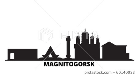 Russia, Magnitogorsk city skyline isolated vector illustration. Russia, Magnitogorsk travel black cityscape 60140058