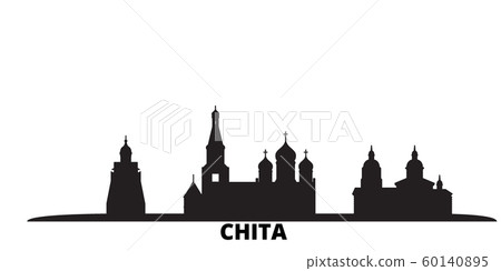 Russia, Chita city skyline isolated vector illustration. Russia, Chita travel black cityscape 60140895