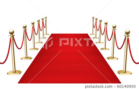 Red carpet with golden barrier fencing realistic 3d vector illustration on white background. 60140950