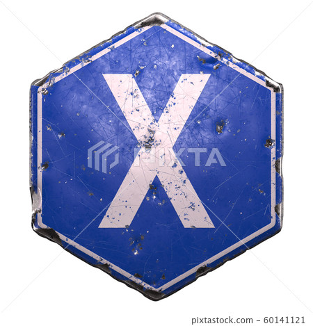 Public road sign in blue color with a capitol white letter X in the center isolated white background. 3d 60141121
