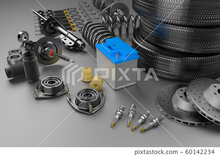 Auto parts spare parts car on the grey background. 3D rendering 60142234