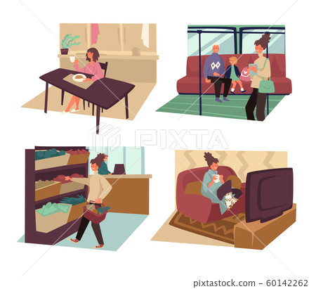 Daily routine and woman day isolated icons, shopping and going to work 60142262