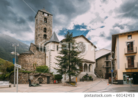 Andorra La Vella, Andorra. View Of Prince Benlloch Square Near Famous Church Of Saint Esteve. Esglesia De Sant Esteve Located On Placa Del Princep Benlloch. Cultural Heritage Andorra La Vella, Andorra. View Of Prince Benlloch Square Near Famous Church Of Saint Esteve. Esglesia De Sant Esteve Located On Placa Del Princep Benlloch. Cultural Heritage 60142453