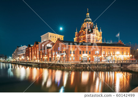 Helsinki, Finland. View Of Kanavaranta Street With Uspenski Cathedral In Evening Night Illuminations 60142499