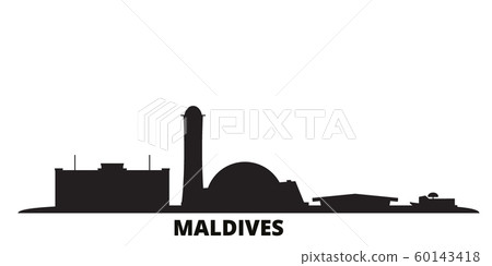 Maldives city skyline isolated vector illustration. Maldives travel black cityscape Maldives city skyline isolated vector illustration. Maldives travel black cityscape 60143418