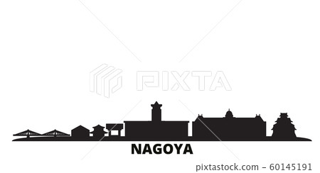 Japan, Nagoya city skyline isolated vector illustration. Japan, Nagoya travel black cityscape Japan, Nagoya city skyline isolated vector illustration. Japan, Nagoya travel black cityscape 60145191