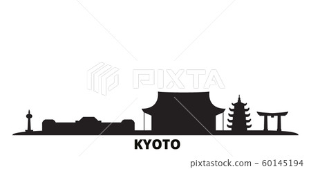 Japan, Kyoto city skyline isolated vector illustration. Japan, Kyoto travel black cityscape Japan, Kyoto city skyline isolated vector illustration. Japan, Kyoto travel black cityscape 60145194