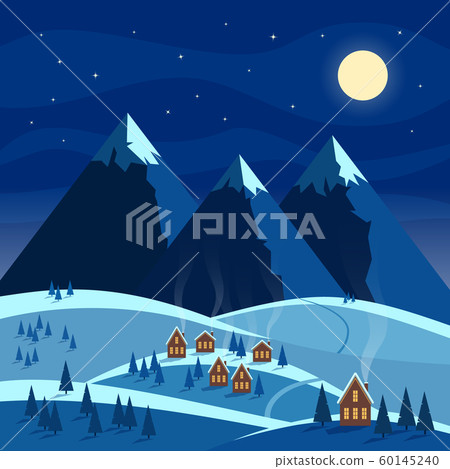 Winter night snow landscape with moon, mountains, cozy houses. Christmas and new year welcoming. Flat vector illustration. Winter night snow landscape with moon, mountains, cozy houses. Christmas and new year welcoming. Flat vector illustration. 60145240