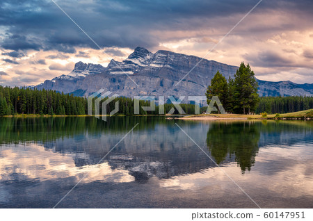 Mount Rundle reflection in Two Jack lake in 60147951