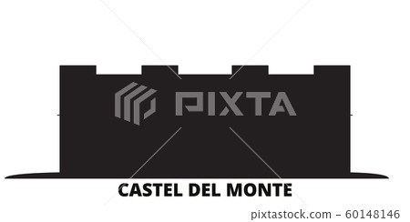 Italy, Apulia, Castel Del Monte city skyline isolated vector illustration. Italy, Apulia, Castel Del Monte travel black cityscape 60148146
