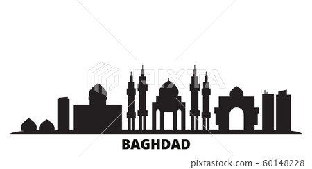 Iraq, Baghdad city skyline isolated vector illustration. Iraq, Baghdad travel black cityscape 60148228