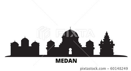 Indonesia, Medan city skyline isolated vector illustration. Indonesia, Medan travel black cityscape Indonesia, Medan city skyline isolated vector illustration. Indonesia, Medan travel black cityscape 60148249