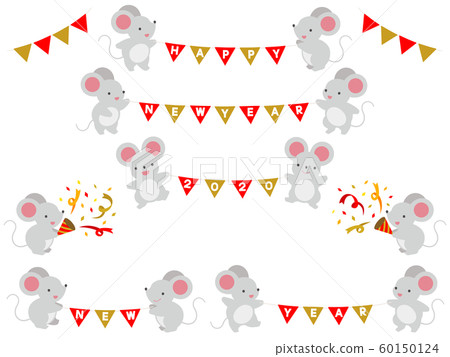 Illustration set of rats with garland and crackers (red x gold) 60150124