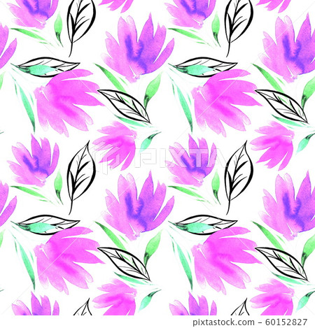 7 Watercolor abstract seamless background with flowers and leaves, hand drawn background. Floral 60152827