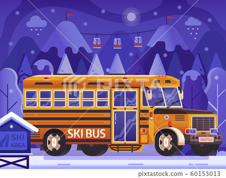 Yellow Ski Bus Shuttle on Winter Background 60153013