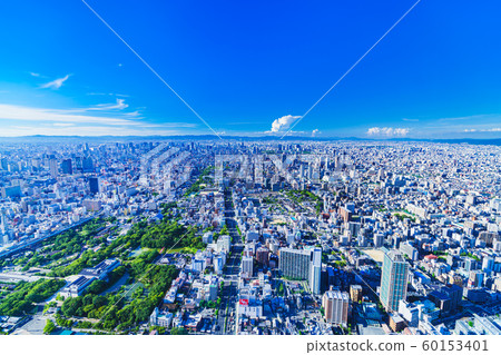 Urban Landscape Osaka Kansai Japan Kita Panorama High Angle Bird's Eye View Sunny Blue Sky Urban Business Real Estate 60153401