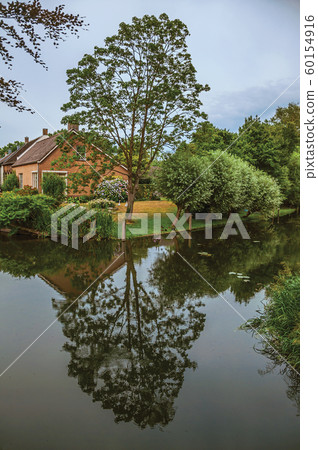 Canal next to rustic house with garden and trees Canal next to rustic house with garden and trees 60154916
