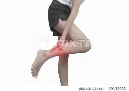 Woman with calf feeling pain on white background. 60155932