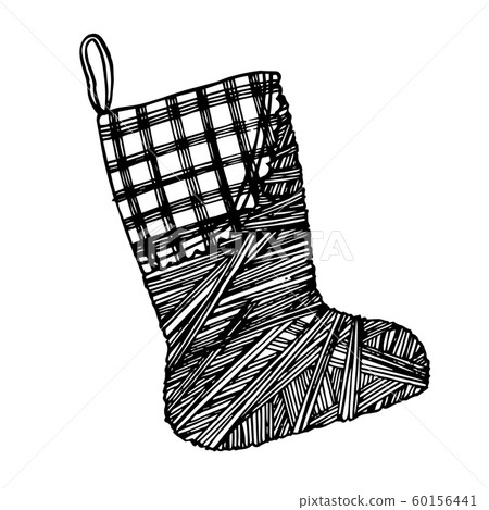 Christmas sock. Hand drawn illustration. New year and Christmas design elements. Greeting card invitation with xmas graphic. Vintage illustration. 60156441