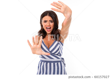 Beautiful caucasian woman show stop, picture isolated on white background Beautiful caucasian woman show stop, picture isolated on white background 60157027