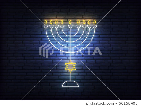 Chanukkah Menorah neon sign. Glowing decoration for Jewish Hanukkah holiday Chanukkah Menorah neon sign. Glowing decoration for Jewish Hanukkah holiday 60158403