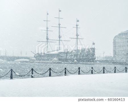 Snow winter urban landscape with ships. Snow winter urban landscape with ships. 60160413