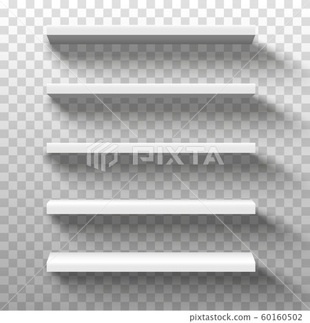 White shop product shelves. Blank empty showcase display, 3D supermarket retail shelves.Bookcase store rack, shopping merchandise market products racks realistic. Vector illustration White shop product shelves. Blank empty showcase display, 3D supermarket retail shelves.Bookcase store rack, shopping merchandise market products racks realistic. Vector illustration 60160502