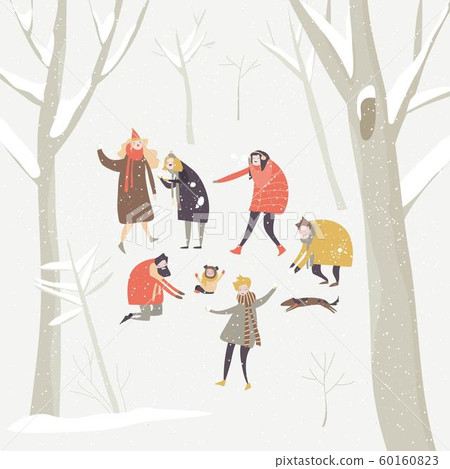 Group of happy people playing snowballs in the winter snowing forest 60160823