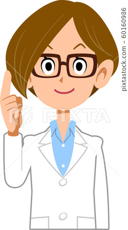 A woman wearing a lab coat with her index finger raised A woman wearing a lab coat with her index finger raised 60160986