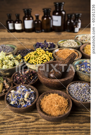 Herbs medicine and vintage wooden background 60161336