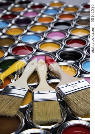 Paint brush, tin can and color guide samples Paint brush, tin can and color guide samples 60161556