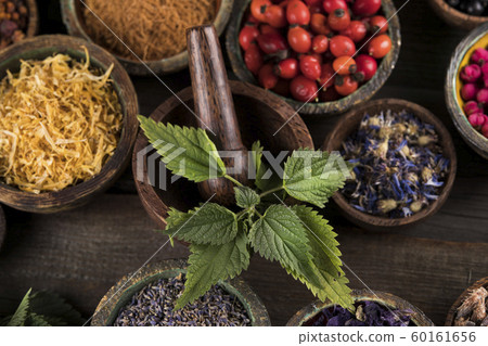 Natural remedy,Herbal medicine and wooden table 60161656