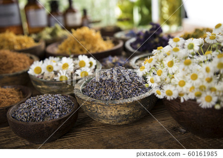 Herbs medicine and vintage wooden background Herbs medicine and vintage wooden background 60161985