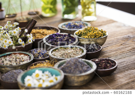 Herbs medicine and vintage wooden background 60162188