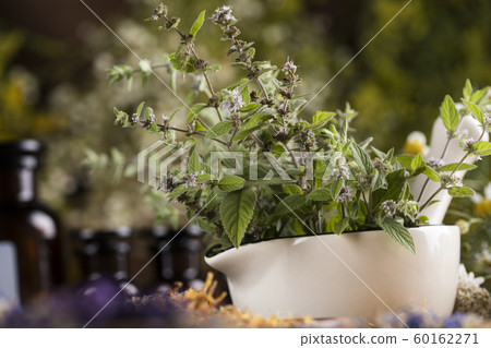 Natural remedy,Herbal medicine and wooden table 60162271