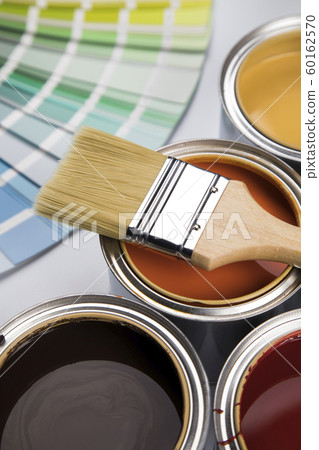 Paint brush, tin can and color guide samples Paint brush, tin can and color guide samples 60162570