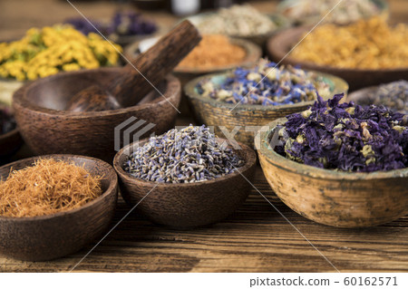 Natural remedy,Herbal medicine and wooden table 60162571
