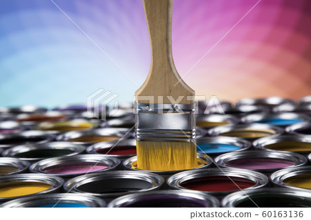 Paint brush, tin can and color guide samples 60163136