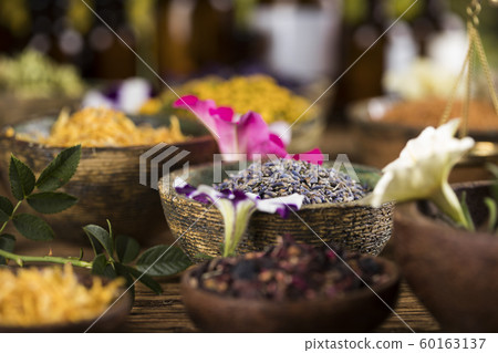 Natural remedy,Herbal medicine and wooden table 60163137