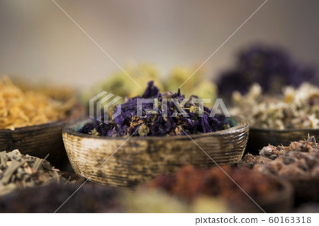 Herbs medicine and vintage wooden background Herbs medicine and vintage wooden background 60163318